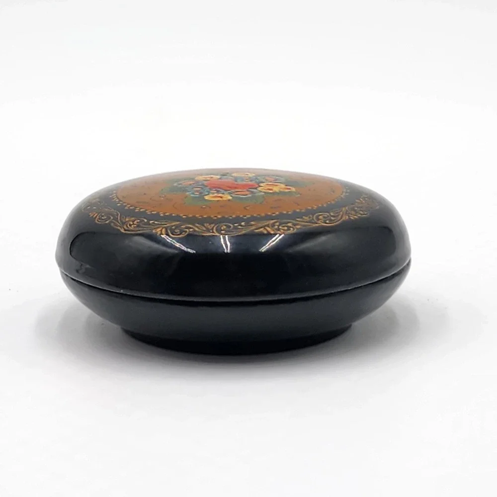 Vintage Russian Lacquer Floral Trinket Box Hand Painted Round 3